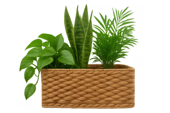 Houseplants in a natural wicker basket with transparency