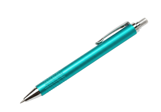 Isolated mechanical pencil in teal color, with chrome clip and tip, modern writing instrument