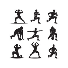 Black Fitness Training Pose Silhouette Vector..