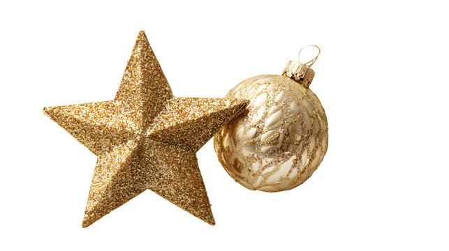 Christmas decorations featuring gold stars and glitter ornaments isolated on white background - Powered by Adobe