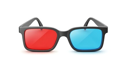 Anaglyph 3D glasses with red and cyan lenses on white.