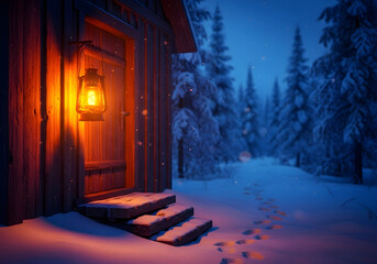 Cozy cabin exterior in a snowy winter forest landscape at night