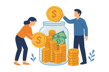 Man and woman saving money by putting coins and cash into big glass jar for financial growth, flat vector illustration