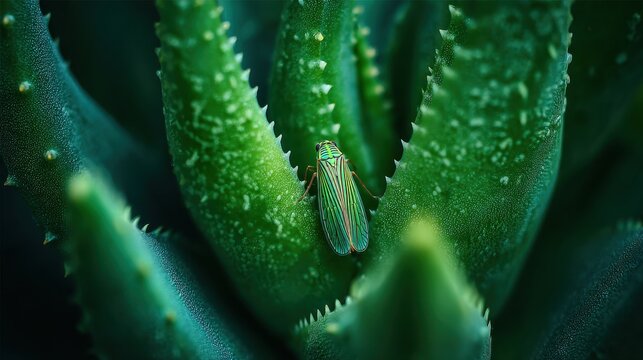 A leafhopper blends into a bright green Aloe vera flower with long textured leaves