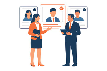 Human resource managers discussing candidate profiles and recruitment process flat vector illustration