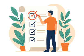 Man checking checklist with big paper document and marks showing completed tasks, flat vector illustration