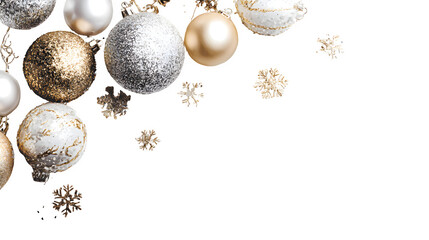 Christmas background decorated with baubles and sparkling accents isolated on white background