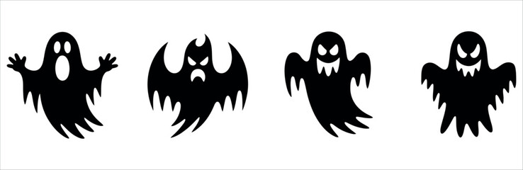 Four playful black ghost silhouettes with varied spooky expressions create a fun, festive Halloween atmosphere ideal for seasonal decorations and invitations.