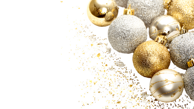 Christmas background decorated with baubles and sparkling accents isolated on white background