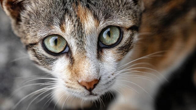 Image of a saved stray cat with expressive eyes and distinctive patterns reflecting tranquility and inquisitiveness ideal for animal rescue and kindness themes