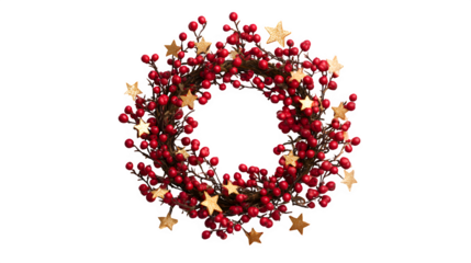 Circular evergreen wreath with red berries and golden stars isolated on white background