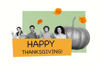 Banner 3d art pop image collage of happy mother father son daughter family member thanksgiving celebration event pumpkin leaves