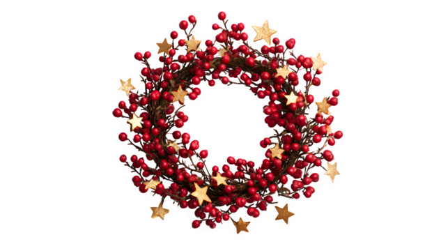 Circular evergreen wreath with red berries and golden stars isolated on white background
