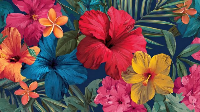 Vibrant tropical flowers create a dense pattern against a dark background