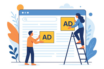 People creating online advertisement layout on web page with digital marketing concept showing teamwork, business promotion and website design flat vector illustration