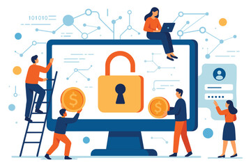 People securing online financial data with large computer screen and open padlock symbol flat vector illustration