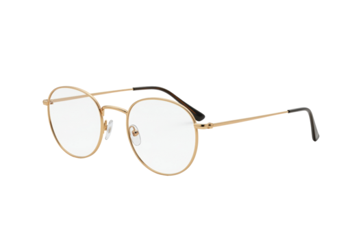 Isolated round eyeglasses on display, gold frame prescription eyewear for eye care vision