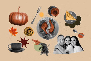 Art sketch 3d image vertical collage of two happy dad mother hug daughter child table banquet celebration thanksgiving event