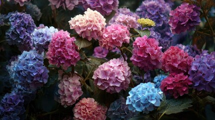 A lively group of blooming hydrangeas displaying bright shades of pink purple and blue