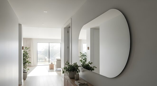 Modern organic shaped mirror reflecting a bright hallway with plants and natural light