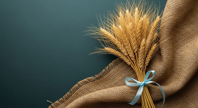 Wheat stalks tied with ribbon, laid on rough sack, over dark background, symbolise harvest, abundance, and autumnal motif, free space for text, logo