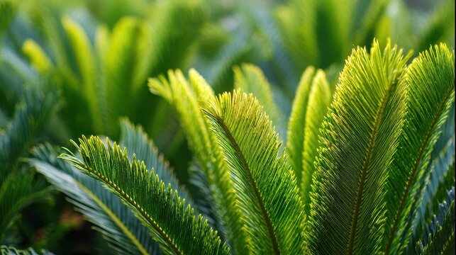 Detailed view of young green cycad leaves with fresh fronds opening in sunlight in a tropical garden