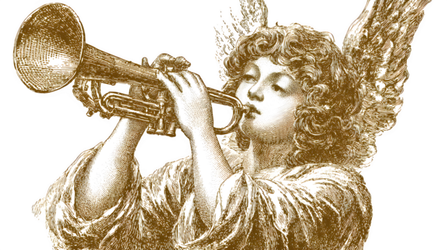 Angel playing trumpet vintage Christmas illustration isolated on white background