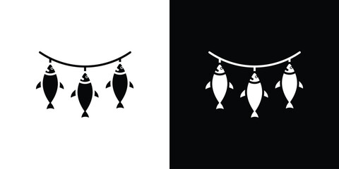 Dried fish icon in solid silhouette set. Vector Illustration.
