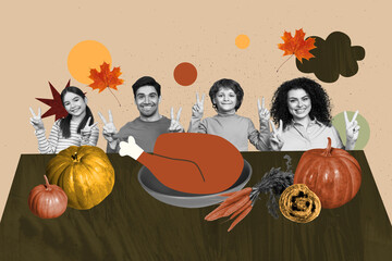 Banner 3d art pop image collage of happy girl guy mother daughter son sit table family celebration thanksgiving day roasted turkey