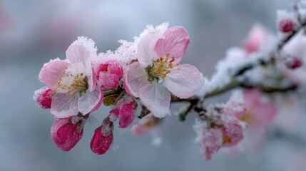 Frost proof apple tree s fragile pink flowers blanketed in snow This striking image highlights the clash between blossoms and winter s white representing renewal