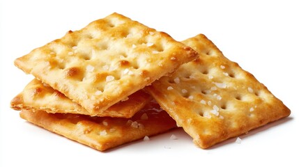 Fototapeta premium Savory square crackers on a white background overhead view Enjoyable snack Crunchy salty cookies separated