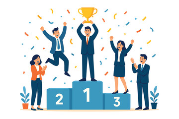 Successful business team celebrating victory with trophy on winner podium and confetti flat vector illustration