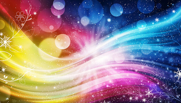 Vibrant rainbow swirls with snowflakes and bokeh lights
