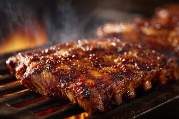 Delicious and juicy barbecue ribs sizzling on the grill, ready to be served, glazed with a tangy sauce, perfect for summer grilling and outdoor gatherings.