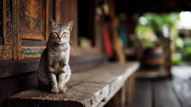 Image of a relaxed tabby cat on a bench in a classic Indonesian village captured with natural lighting and a blurred background