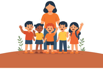 Teacher standing with happy group of children smiling and waving outdoors, flat vector illustration