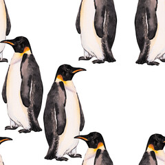 Emperor penguin. Seamless watercolor pattern with emperor penguins isolated on white. Realistic design with penguin for children illustration, backgrounds, packaging, decoration, banner