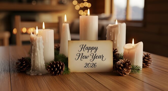 Warm glow of candles and pinecones welcomes the New Year