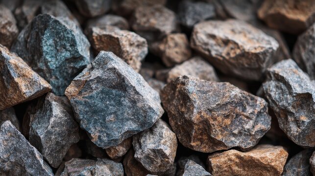 Detailed view of uneven crushed stones in gray and brown often utilized in construction paving or landscaping Organic texture and varied forms