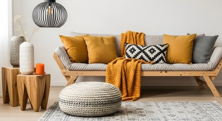 Cozy living room with a wooden sofa adorned with textured pillows and warm throws creating a bohemian atmosphere