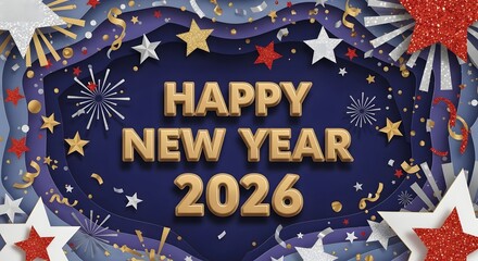 Celebrate New Year 2026 with dazzling stars and festive confetti