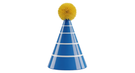 Isolated blue party hat with yellow pompom, festive celebration headwear, childhood birthday party