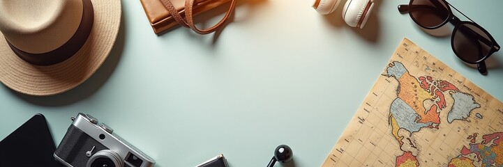Top view camera, sunglasses, map and earphones arranged around a clean blank centre travel essentials concept for adventure branding