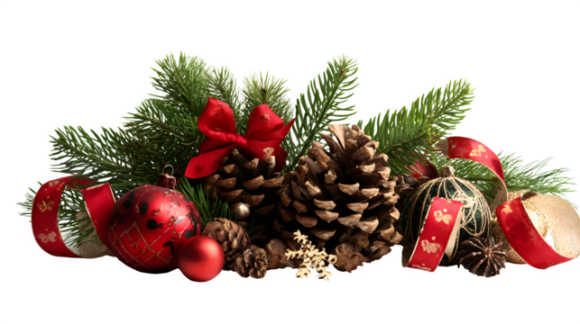 Arrangement of festive decorations including pinecones, ribbons, and ornaments isolated on white background - Powered by Adobe