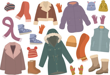 Big set with variety of winter clothing essentials. Warm jackets, vest, boots, knitted hats, mittens, gloves, coat, wool scarves