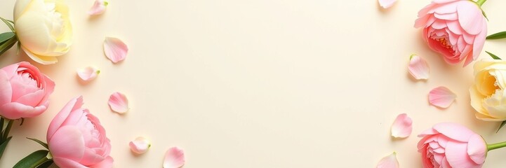 Top view of peonies, roses and tulips scattered on light cream background with central empty zone for text, evoking spring romance and freshness