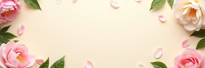 Top view of peonies, roses and tulips scattered on light cream background with central empty zone for text, evoking spring romance and freshness