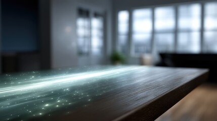 Abstract Nighttime Tech Scene with Pulsating Light Data on a Wooden Surface