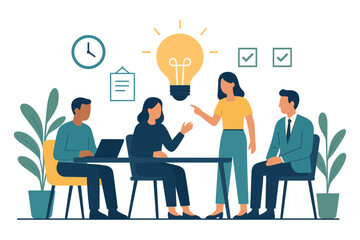 Team brainstorming session with diverse business people discussing new ideas at office table, sharing creativity and innovation concept with light bulb symbol, flat vector illustration