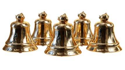 Collection of golden Christmas bells with shiny reflections isolated on white background